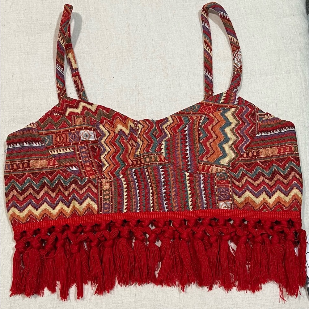 NWT Cider Boho Aztec Geometric Tassel Corset Festival Crop Top - Size XL